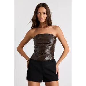 Lulus Anwyn Dark Brown Vegan Leather Ruched Strapless Bodysuit - Size Large
